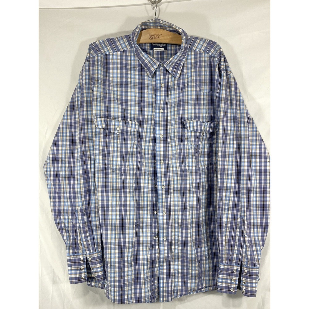 Vtg Wrangler Rugged Wear Mens 2xL flannel plaid Button Down Shirt pearl snap